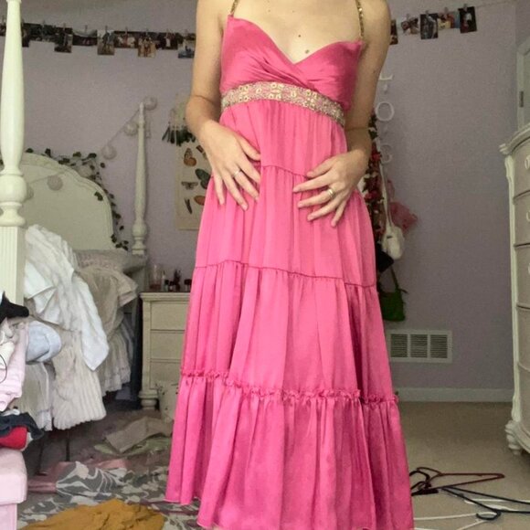 NWT Nordstrom Y2K Silk Dress Evening Pink Gold Empire Waist Sequin Prom Maxi - Picture 1 of 6